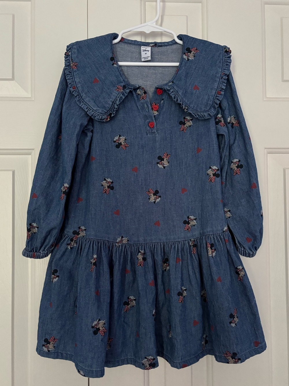 Old Navy Blue Denim-Look Minnie Mouse Dress with Red Accents. Size 5T.